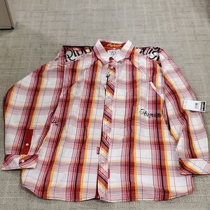 Akademiks Fray Plaid Men's XL button down shirt red, yellow, white and black